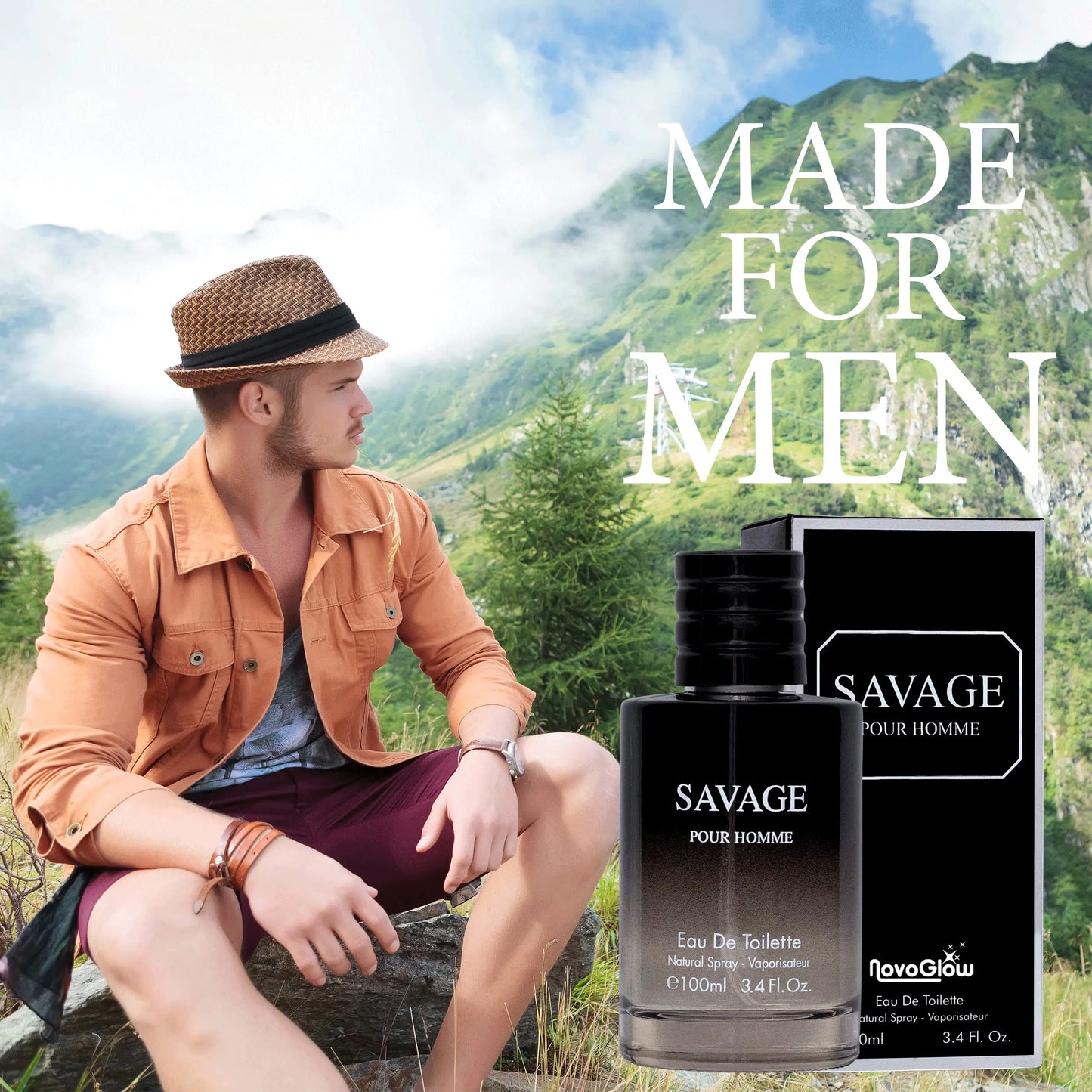 Savage for Men 3.4 Oz Men's Eau De Toilette Spray Refreshing & Warm Masculine Scent for Daily Use Men's Casual Cologne Includes NovoGlow Carrying Pouch Smell Fresh All Day A Gift for Any Occasion