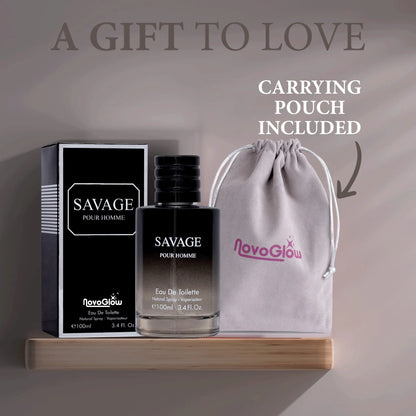 Savage for Men 3.4 Oz Men's Eau De Toilette Spray Refreshing & Warm Masculine Scent for Daily Use Men's Casual Cologne Includes NovoGlow Carrying Pouch Smell Fresh All Day A Gift for Any Occasion